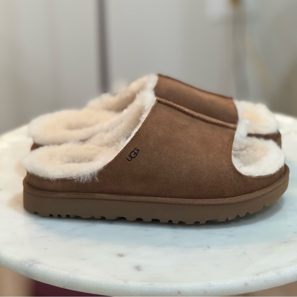 UGG Brown Suede Shearling-Lined Slide Mules